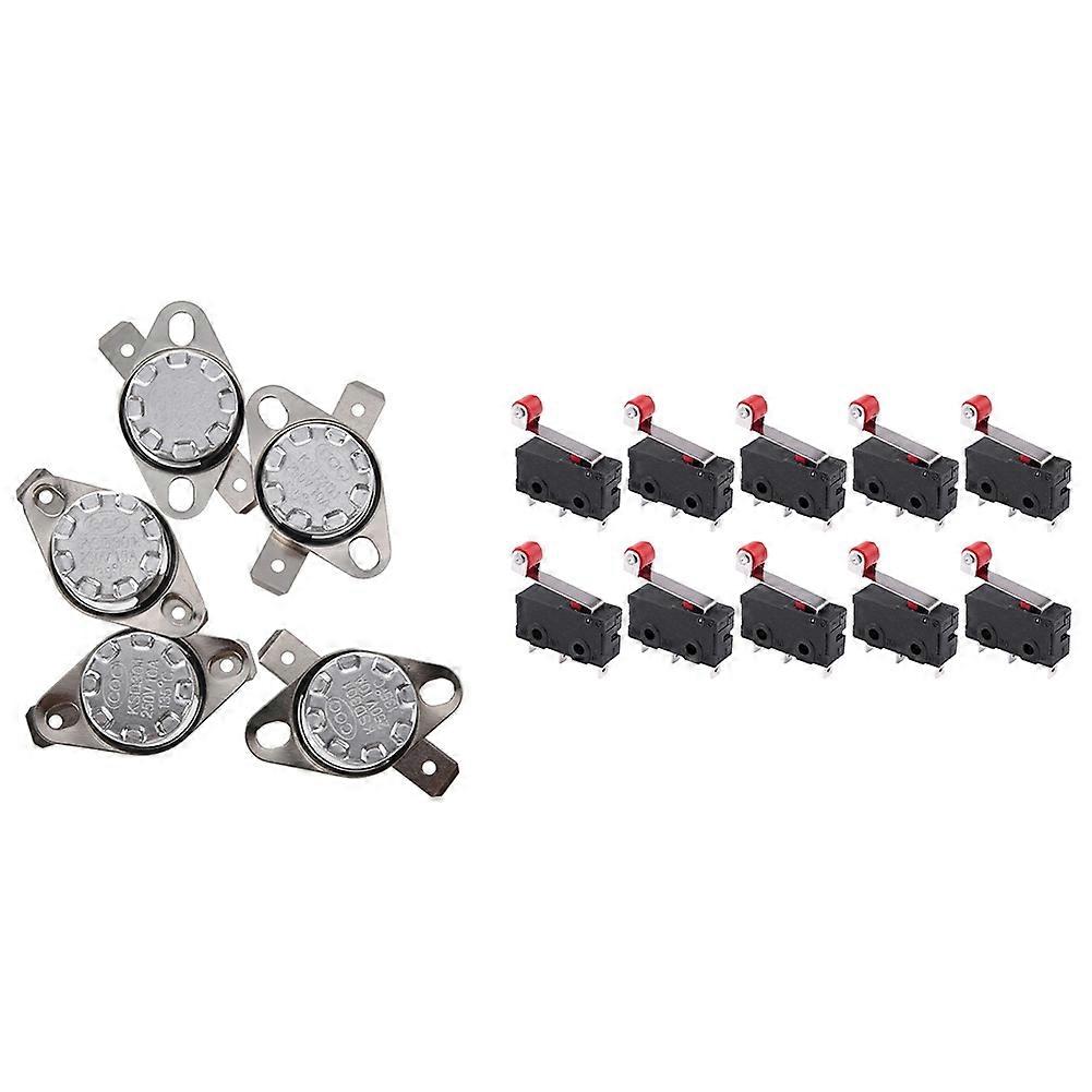 5Pcs KSD301 250V 10A Thermostat Temperature Control Switch with 10Pcs Micro-Roller Lever Arm Open Cl
