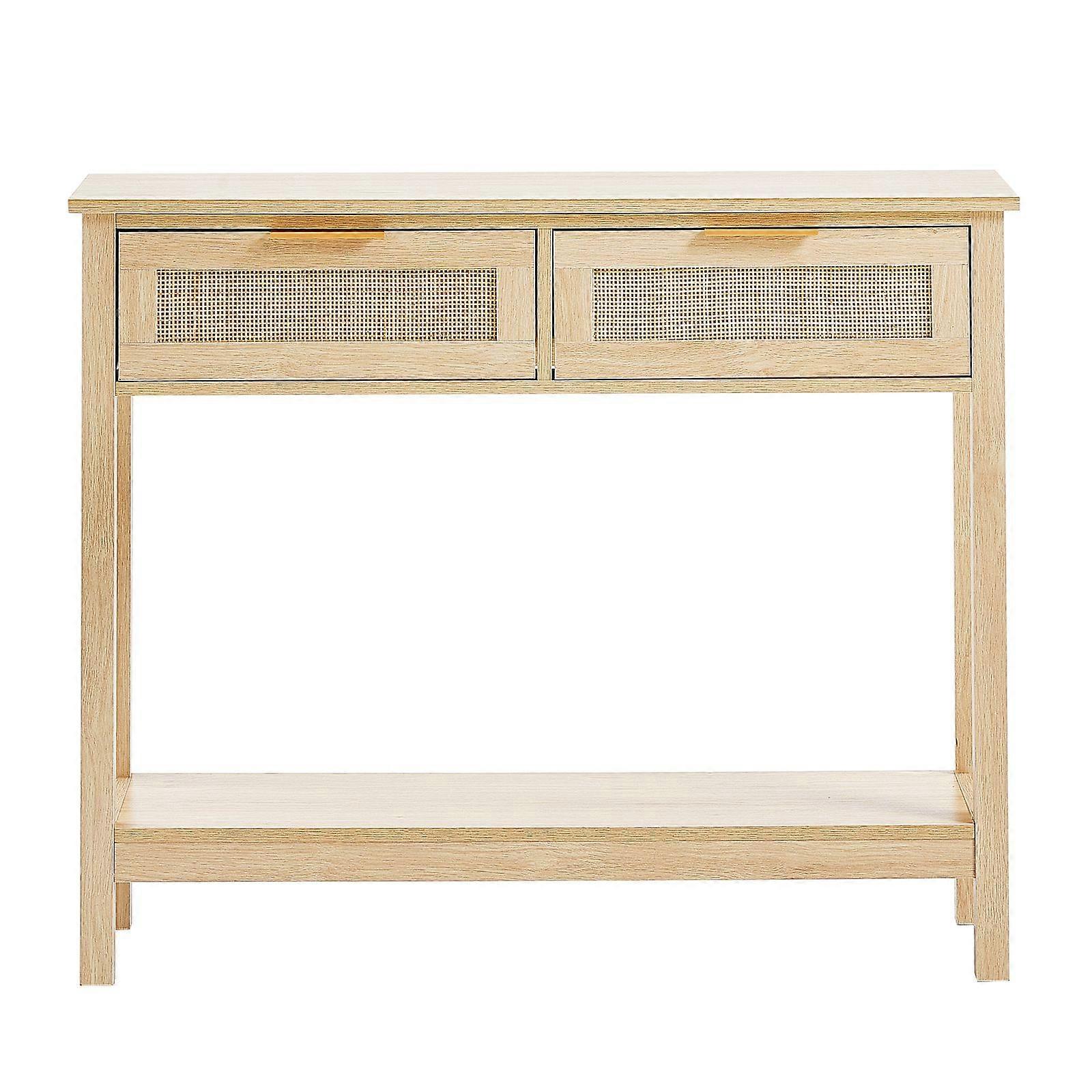 Rattan Console Table with 2 Storage Drawers, Rattan Entryway Table with Natural Rattan Sliding Door, , Study, Entryway Or TV Wall, Natural