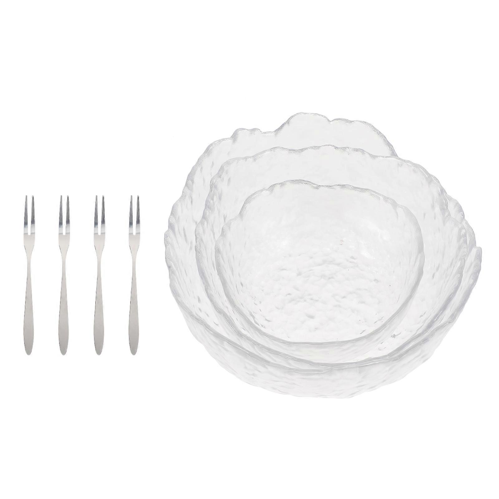 Glass Salad Bowl With Fork 3Set White Hammer Pattern Tableware Set Perfect For Family Gatherings And Fruit Serving