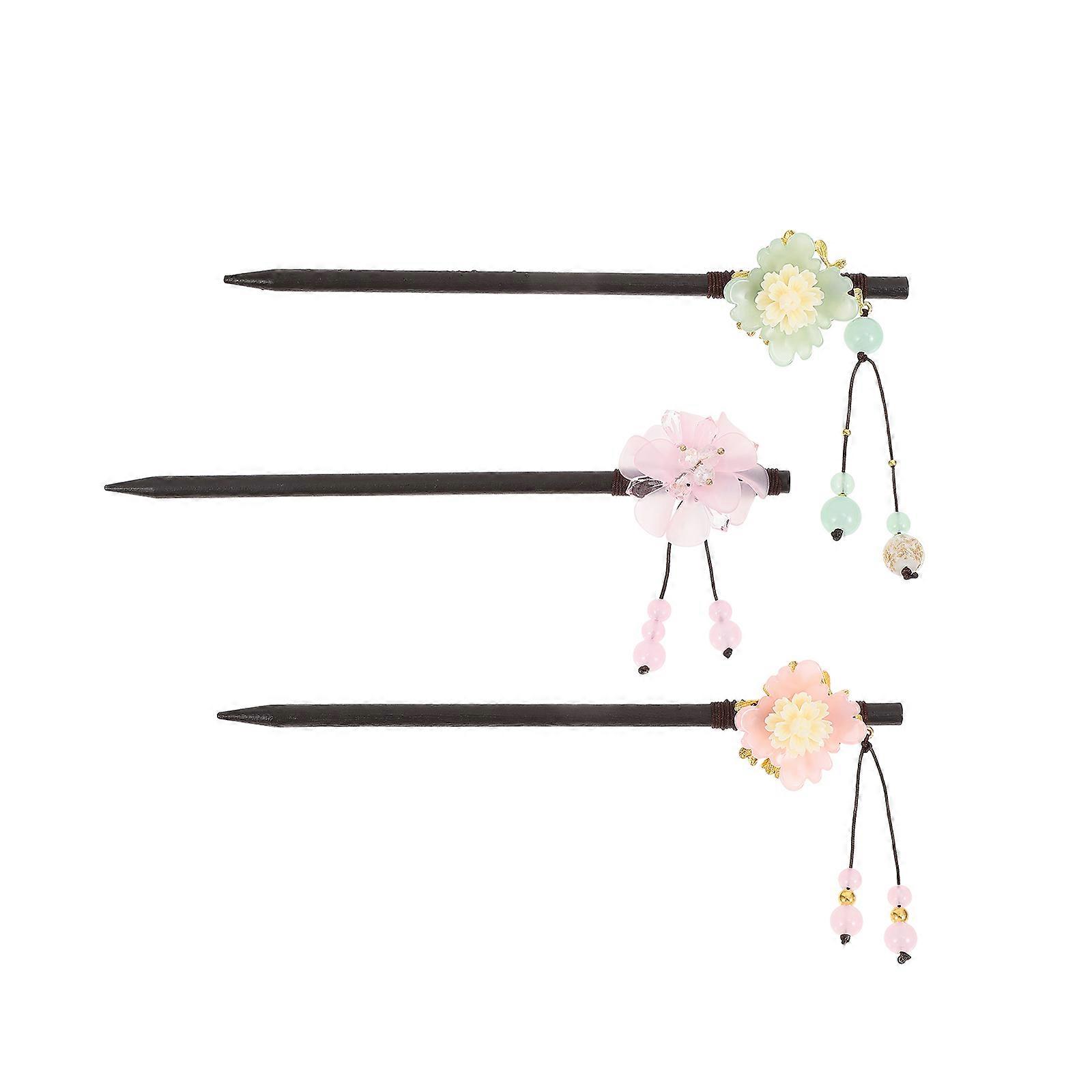 Ancient Design Wooden Hairpin for Decoration 3Pcs Assorted Color Flower Set