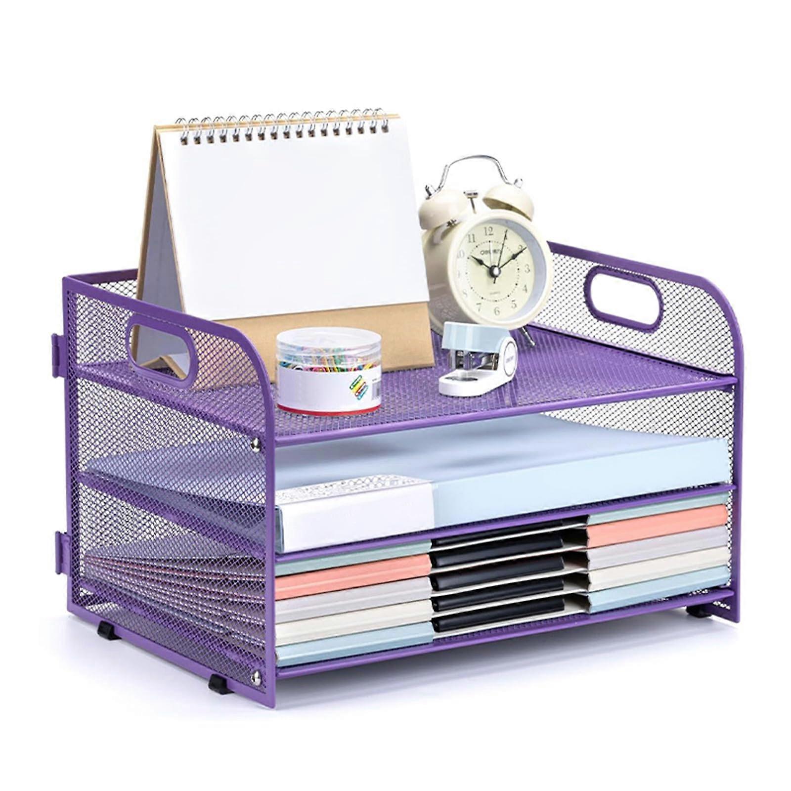 Desk Organizer with 3 Levels, Purple Paper Organizer with Handle, Notebook Storage, Office and Home Desk Accessories