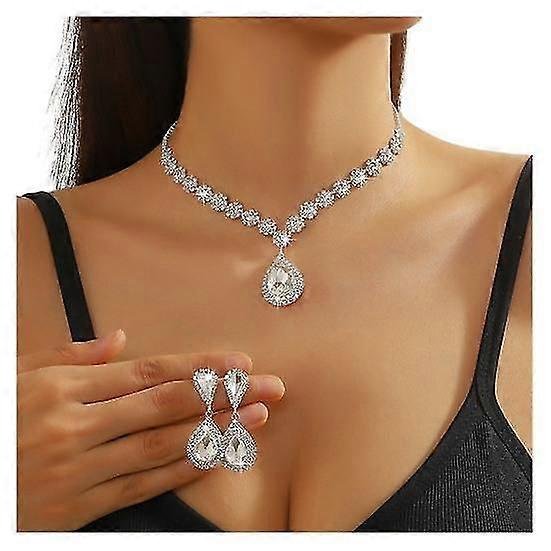 2Pcs/Set Femei Bijuterii de nunta Set Waterdrop Shape Shining Faux Crystal Choker Colier Dangle Cercei Set