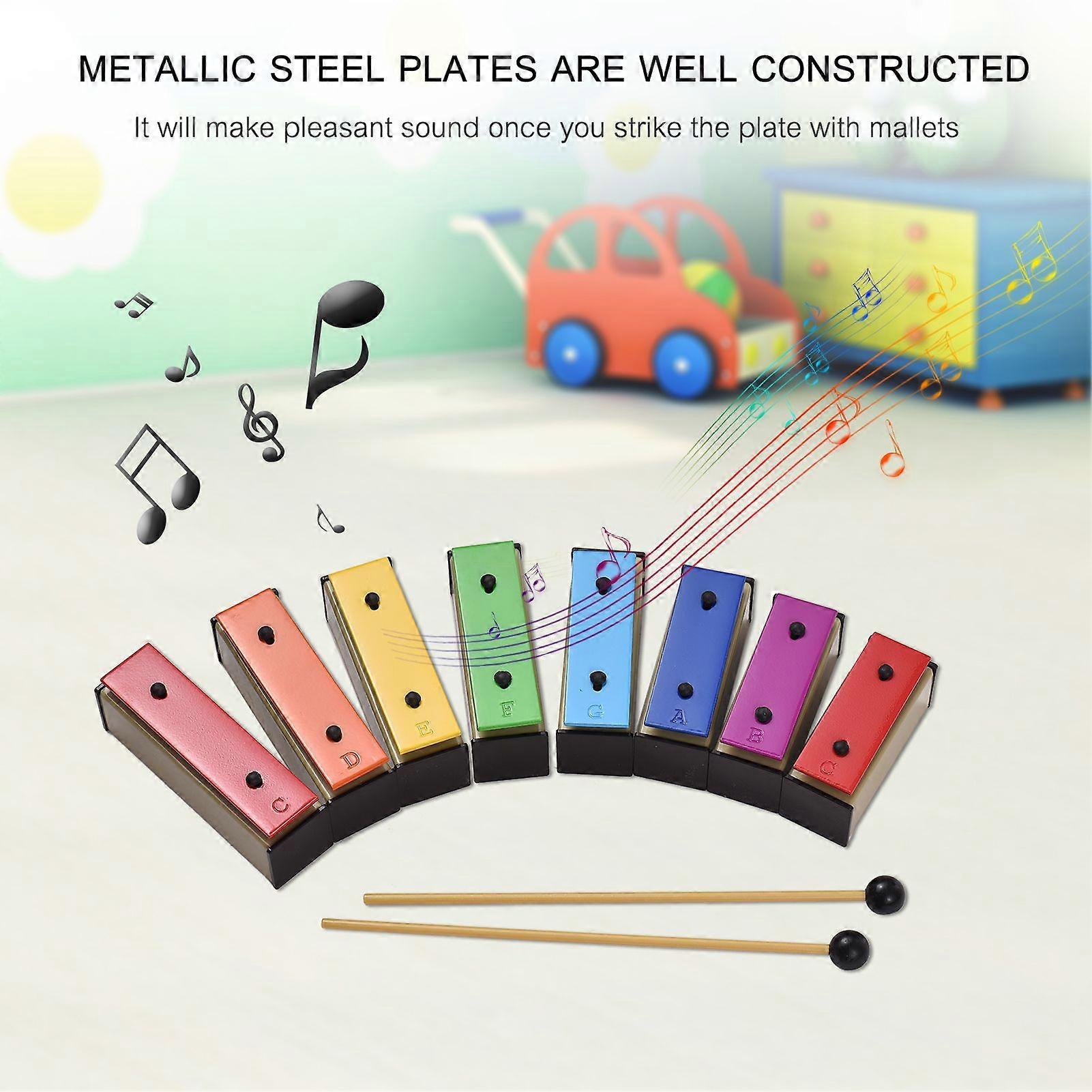 8-note Xylophone Colorful Glockenspiel Removable Rainbow Color Metal Plates Resonator Bells with Plastic Mallets Green Case Percussion Instrument Musi