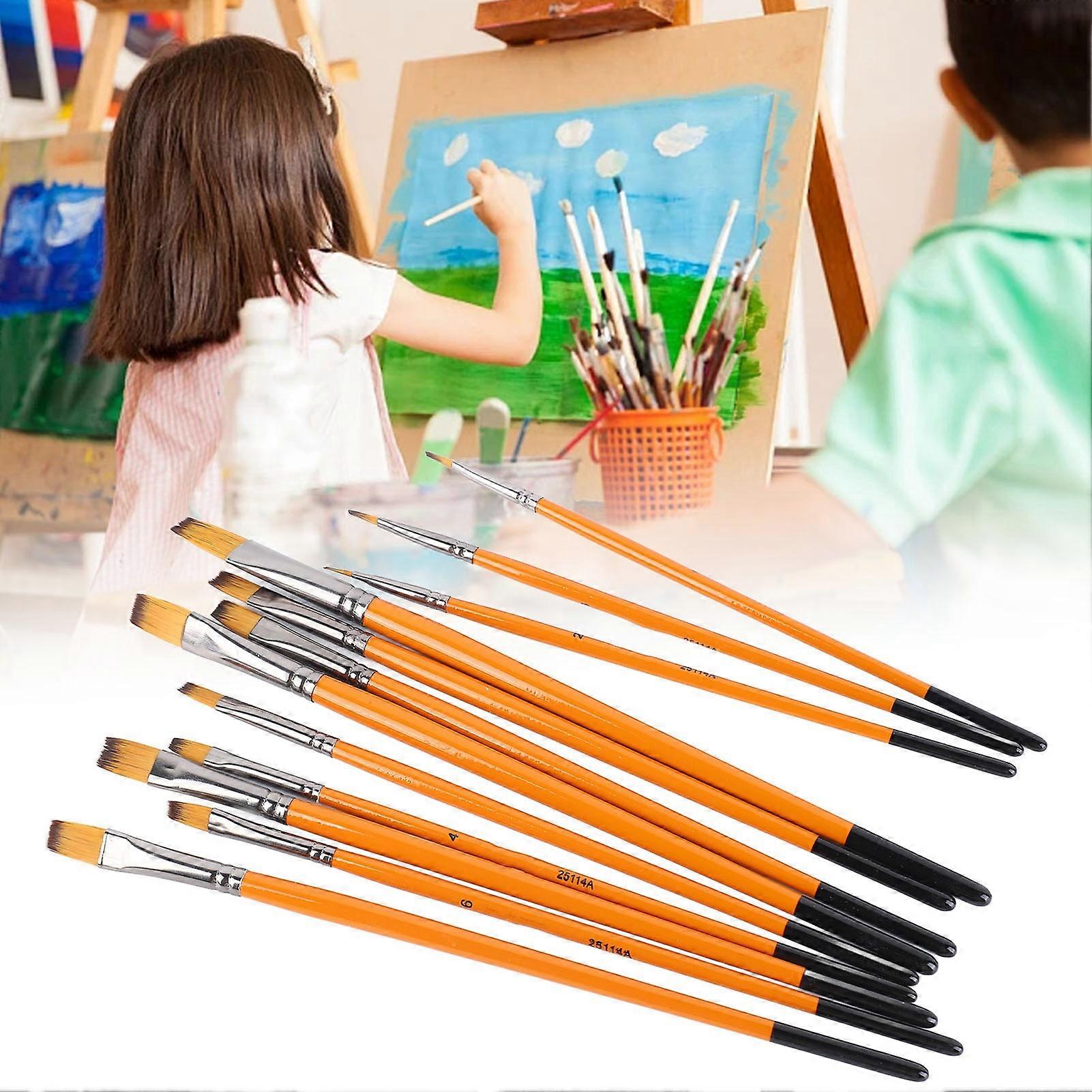 12Pcs Acrylic Paint Brushes Set Orange Handle Flat Tip Nylon