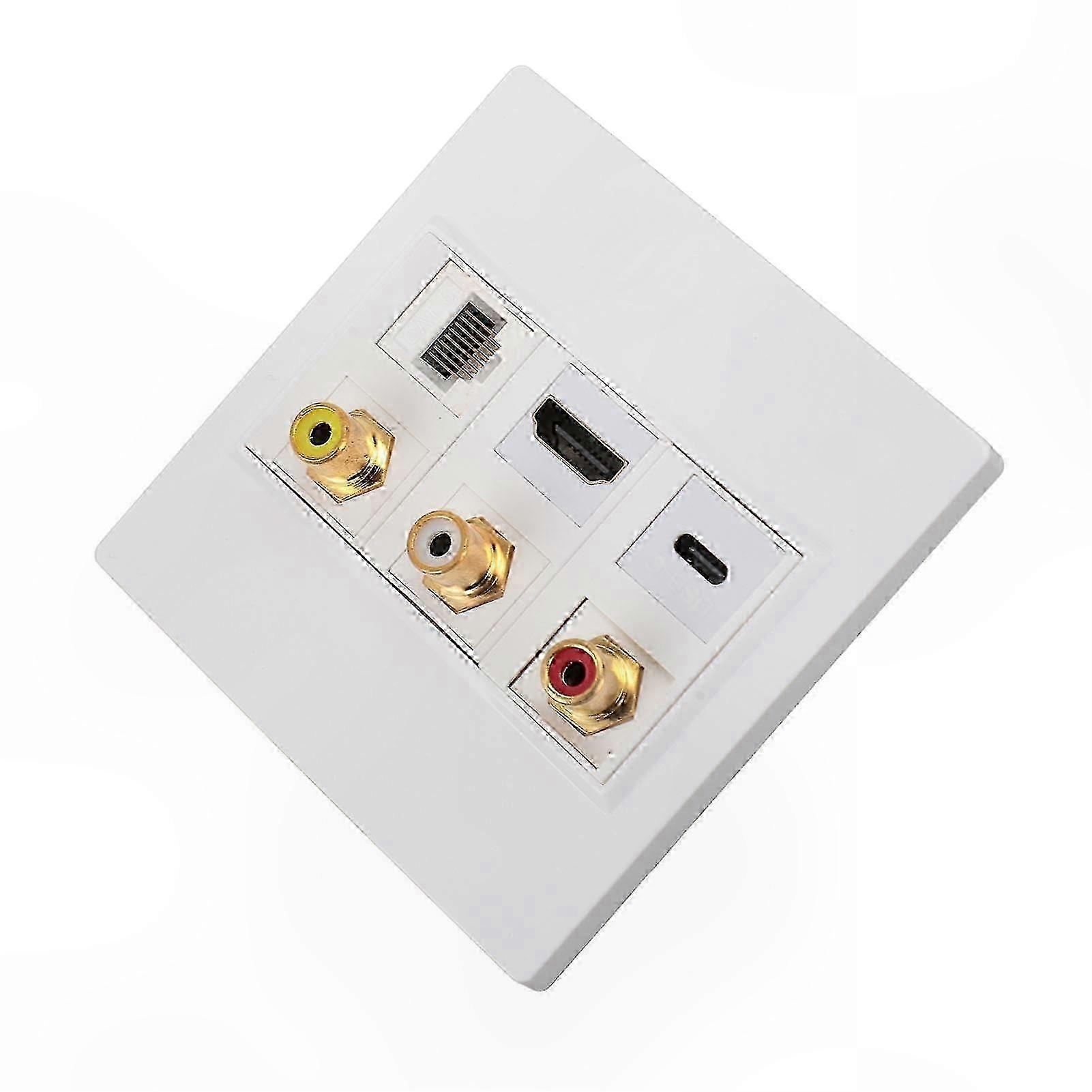 6-Port HD Wall Plate with USB-C, RCA, and CAT6 Ports for Multimedia Connectivity and Clutter-Free Setup
