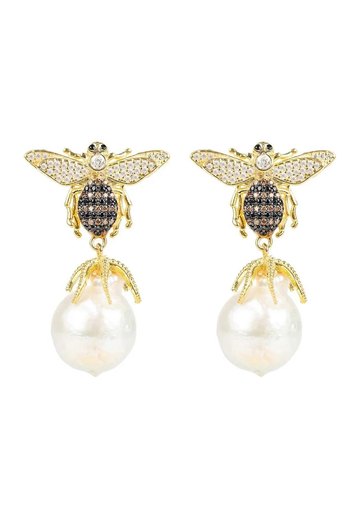 Baroque Pearl Honey Bee Drop Earrings by Latelita - 925 Sterling Silver with Gold Plating, Iridescent Baroque Pearls - 2.5cm x 1.5cm, Total Length 5cm