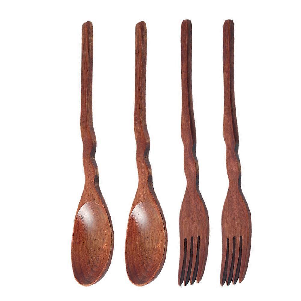 4Pcs Reusable Wooden Spoon And Fork Set In Light Brown Suitable For Daily Meals And Special Occasions With Heat Insulation Feature