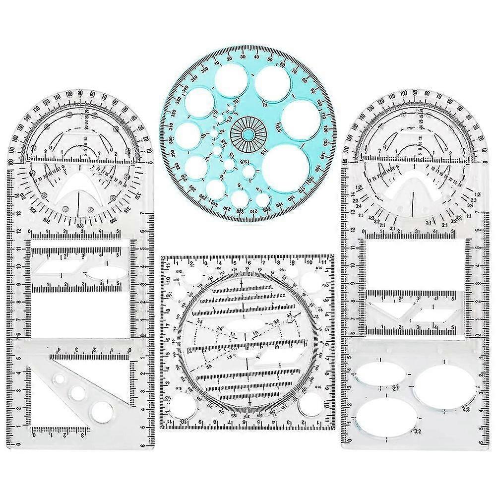 4 Pcs Multifunctional Geometric Ruler Drawing Tools Plastic Ruler Set Mathematics Measuring Circle