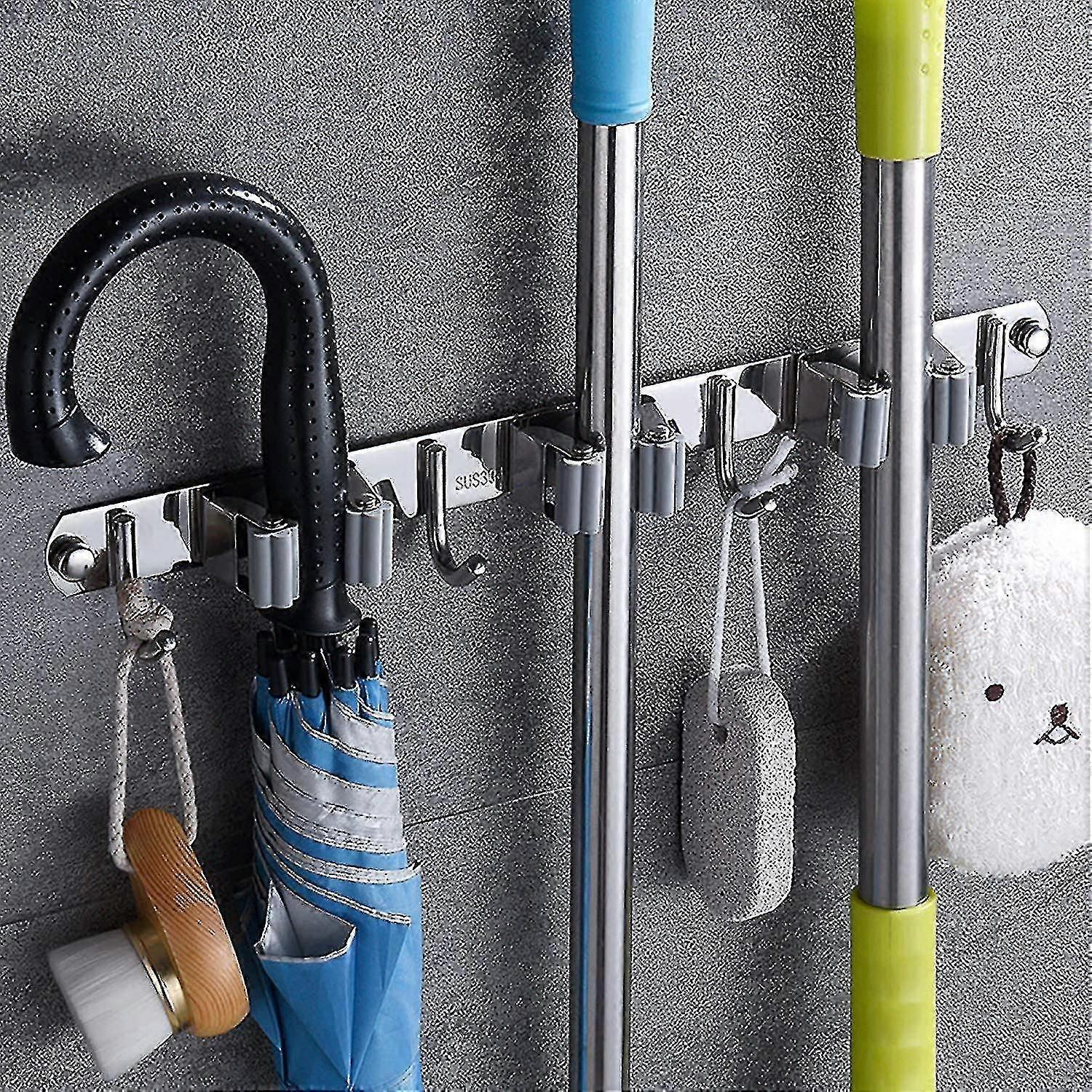 Wall Mounted Stainless Mop Holder With 3 Clips And 4 Hooks For Kitchen
