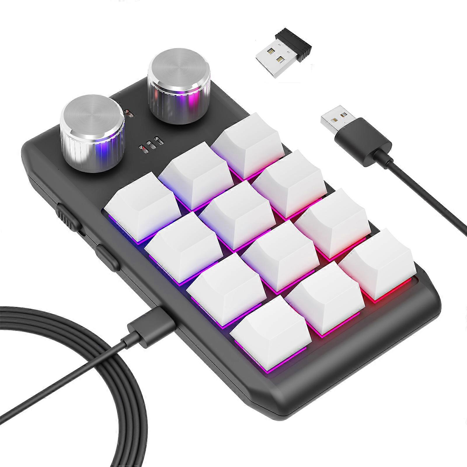 Multifunctional Macro Mechanical Keyboard with 12 Customizable Keys 2 Knobs - One-Handed RGB Gaming Keypad Programmable  White