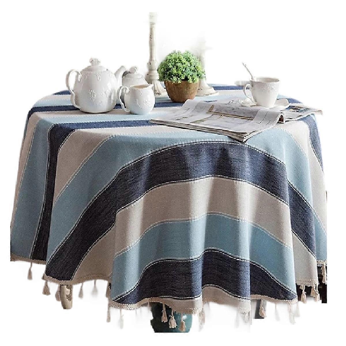 Nappe ronde rustique en coton et lin à rayures style ferme