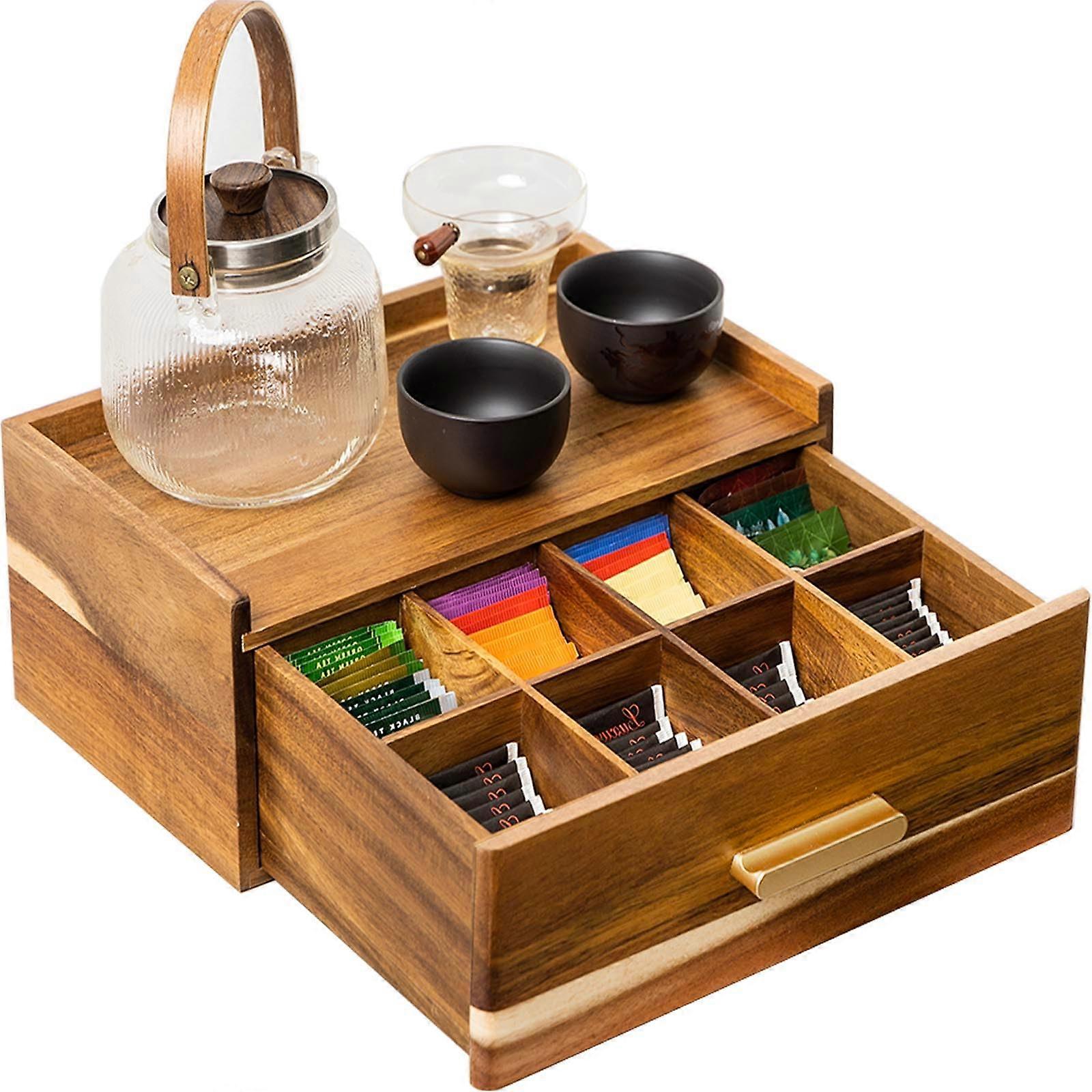 Acacia Wood Tea Bag Organizer with Drawer, Large Capacity Tea Storage Box for Countertop