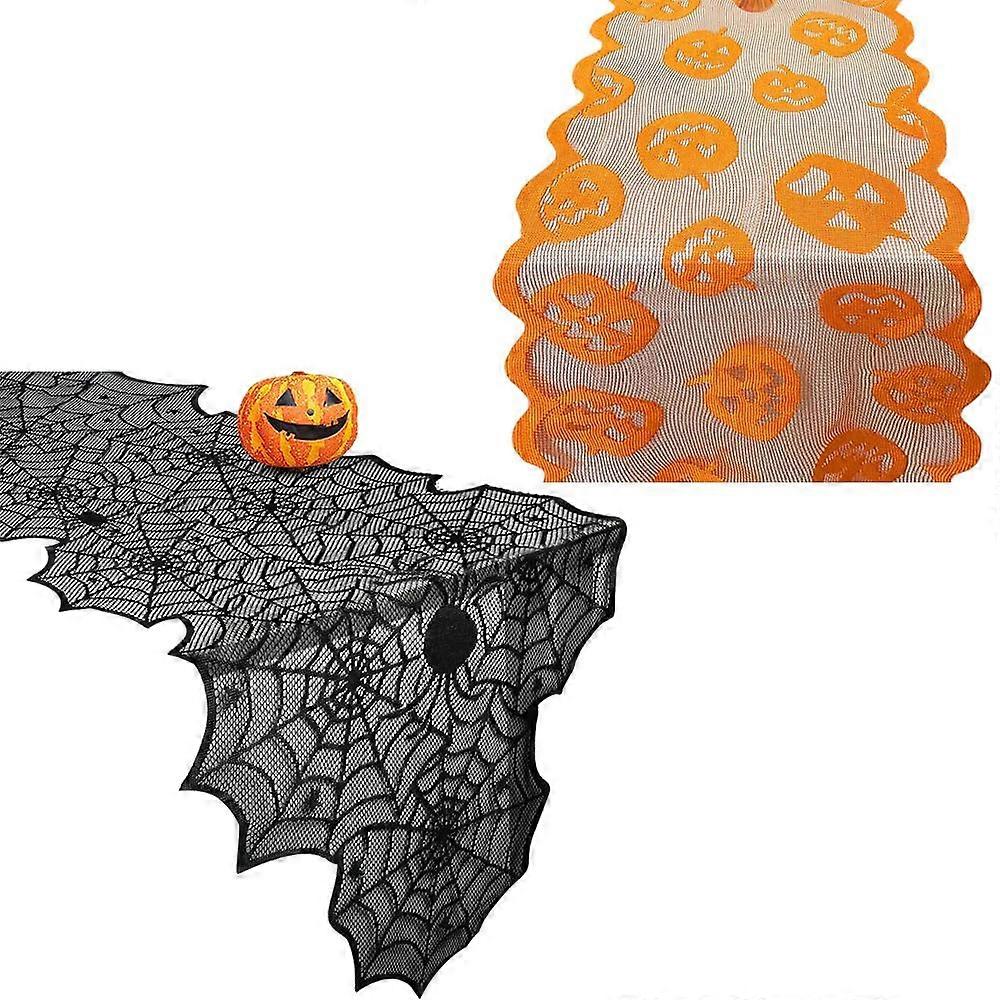 2 Pack Halloween Table Runner Set Orange Pumpkin and Black Spider Web Design for Fall Party Decor