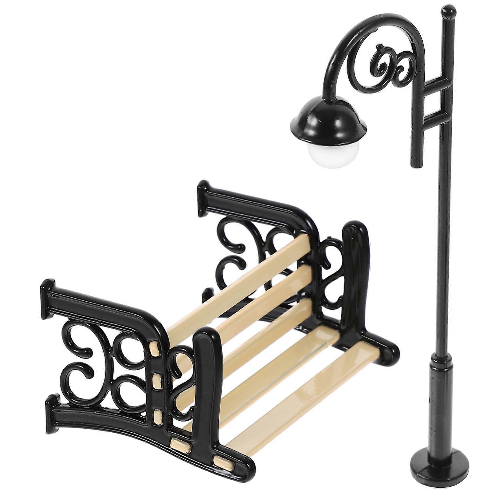 Miniature Park Bench Set for Decoration 1Set with Street Lantern Post