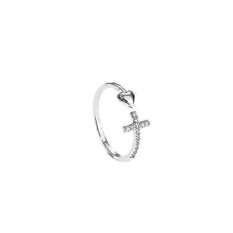 Silver Heart-shaped Cross Ring With Open Heart And Diamonds