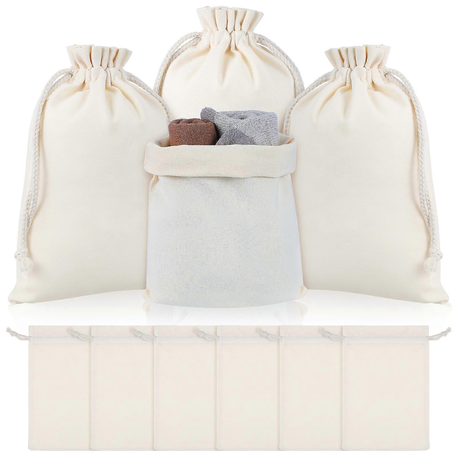 Beige Cotton Drawstring Bags Muslin Bag for Storage Use 10Pcs Set