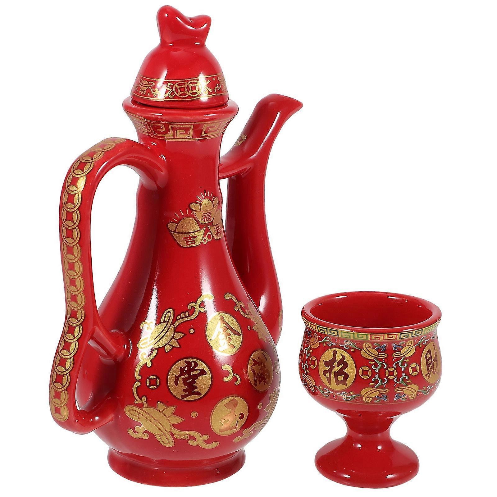 Red Ceramic Wine Pot Chinese Liquor Cup for Home 1Set Ceramic Drinking Kit