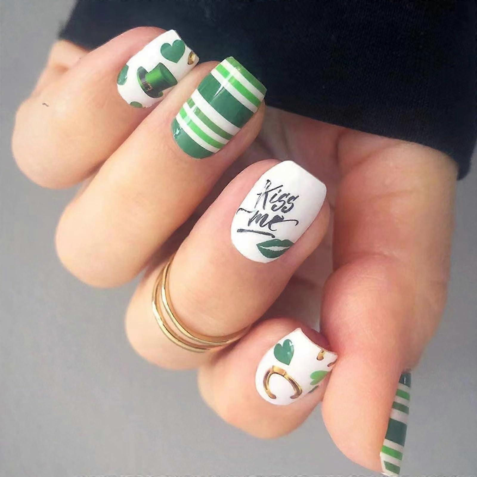 St. Patrick's Day Press On Nails Green and White Short Square False Nail Kit Reusable Tips