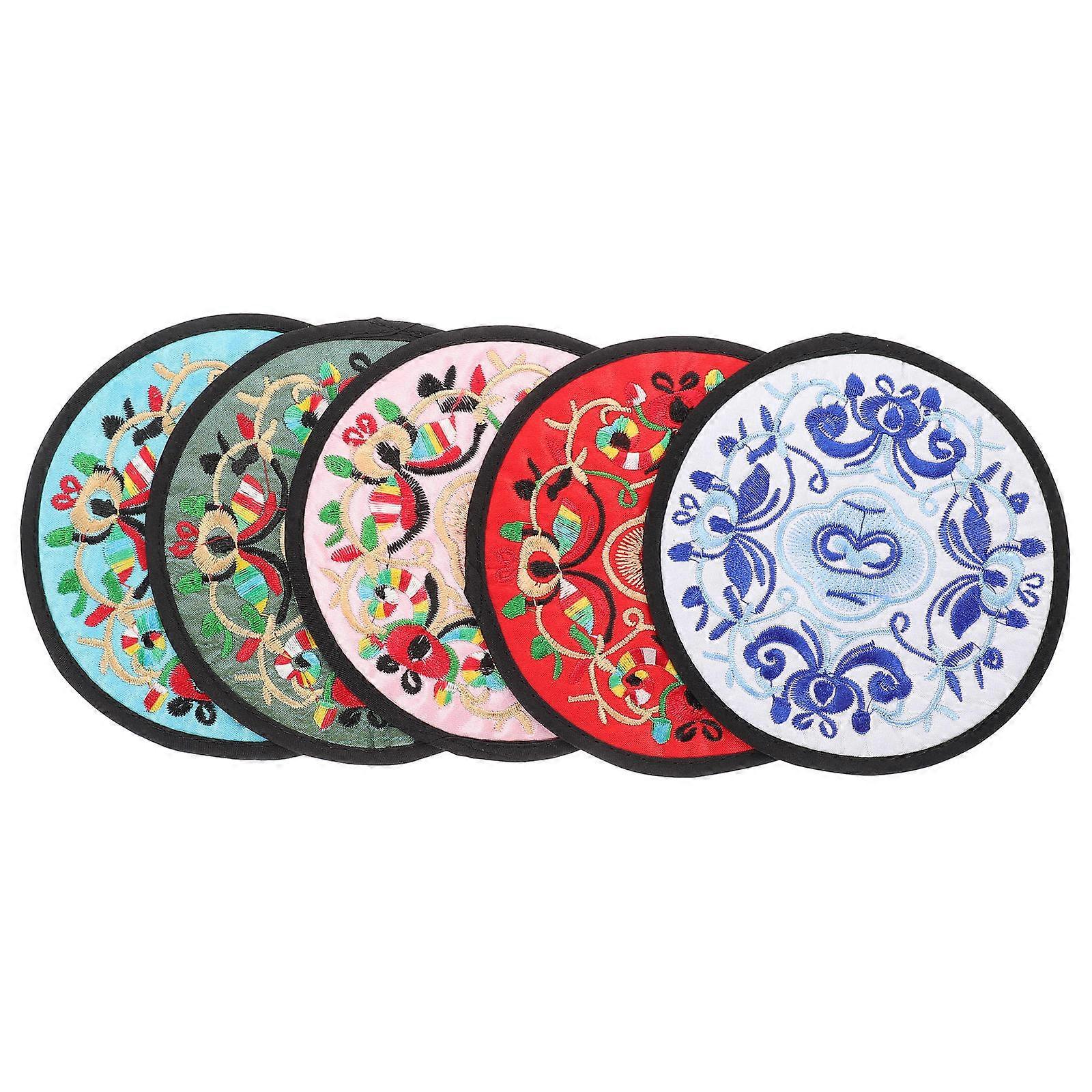 Round Embroidery Cup Mat Coasters for Placing Cup 5Pcs Assorted Color