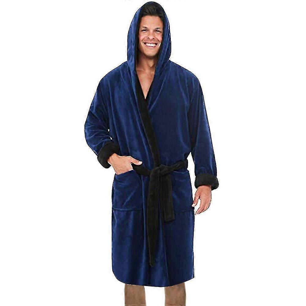 Men Hooded  Fleece Dressing Bathrobe