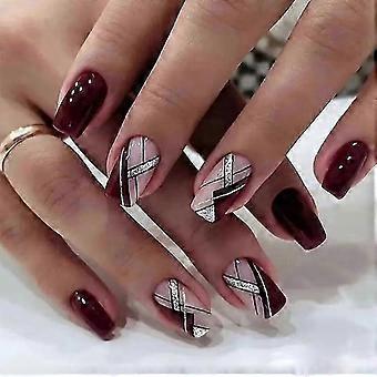 French Red Glitter Short Square Press On Nails Full Cover Fake Nails Glue On for Women 24PCS
