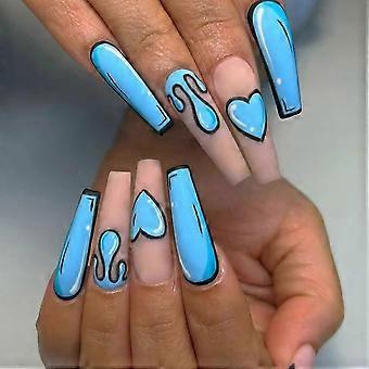 Set van 24 lange acryl kunstnagels in doodskistvorm, blauw en roze, met herbruikbare lijm, speciaal voor vrouwen.