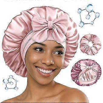Gorro de seda para dormir para mujeres, ácido hialurónico, reversible, doble capa, de satén, gorro de noche para dormir, ideal para cabello rizado, con banda ajustable y cierre de lazo.