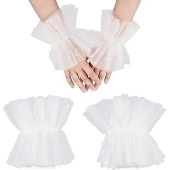 1 Pair White Lace Pearl Cuffs Women Opera Pageant Gloves Nylon Chiffon Short Cuffs Cuff Mesh Cuffs Costume Accessories