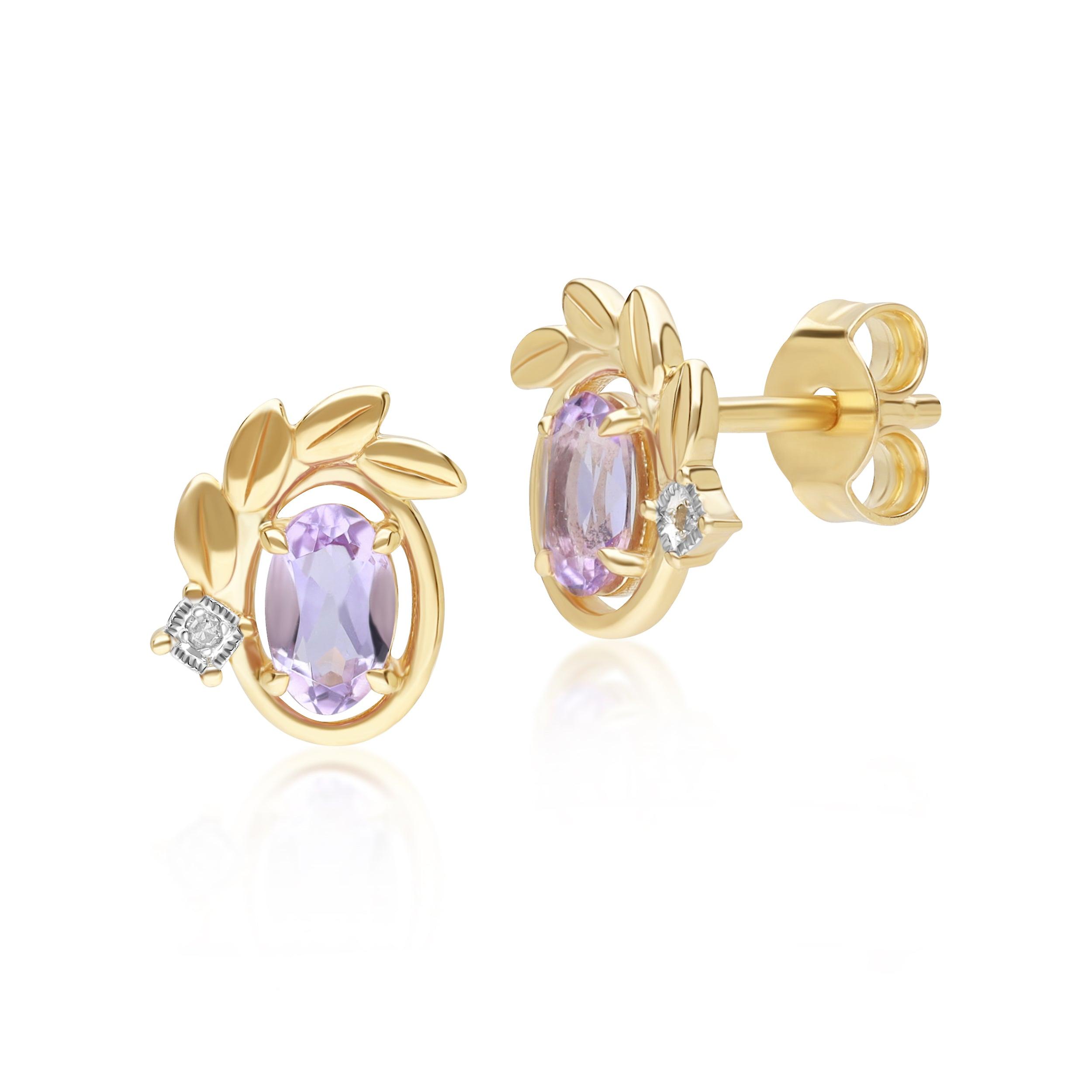 O leaf Pink Amethyst & Diamond Stud Earrings In 9ct Yellow Gold
