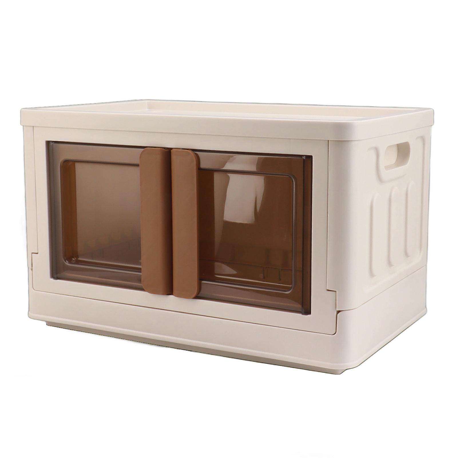 32L Stackable Collapsible Storage Bin White Plastic Storage Bin with Lid Open Front Door Brown Handle