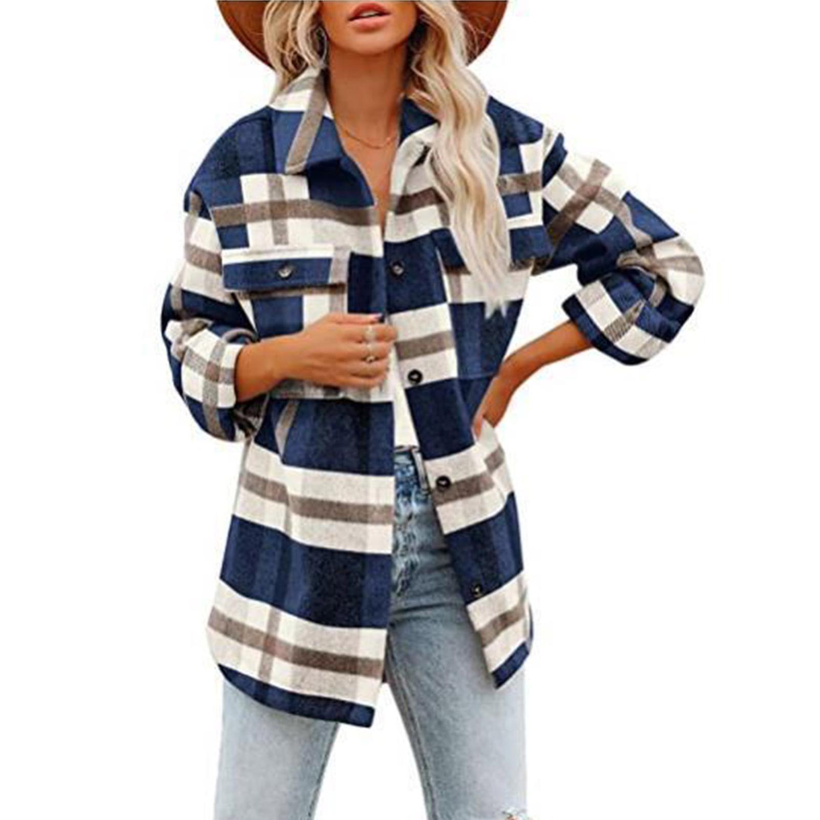 Femei Flannel Loose Coat Femei Turndown-guler Coat Grid Model Coat pentru femei cu un singur sân Casual Coat Femei