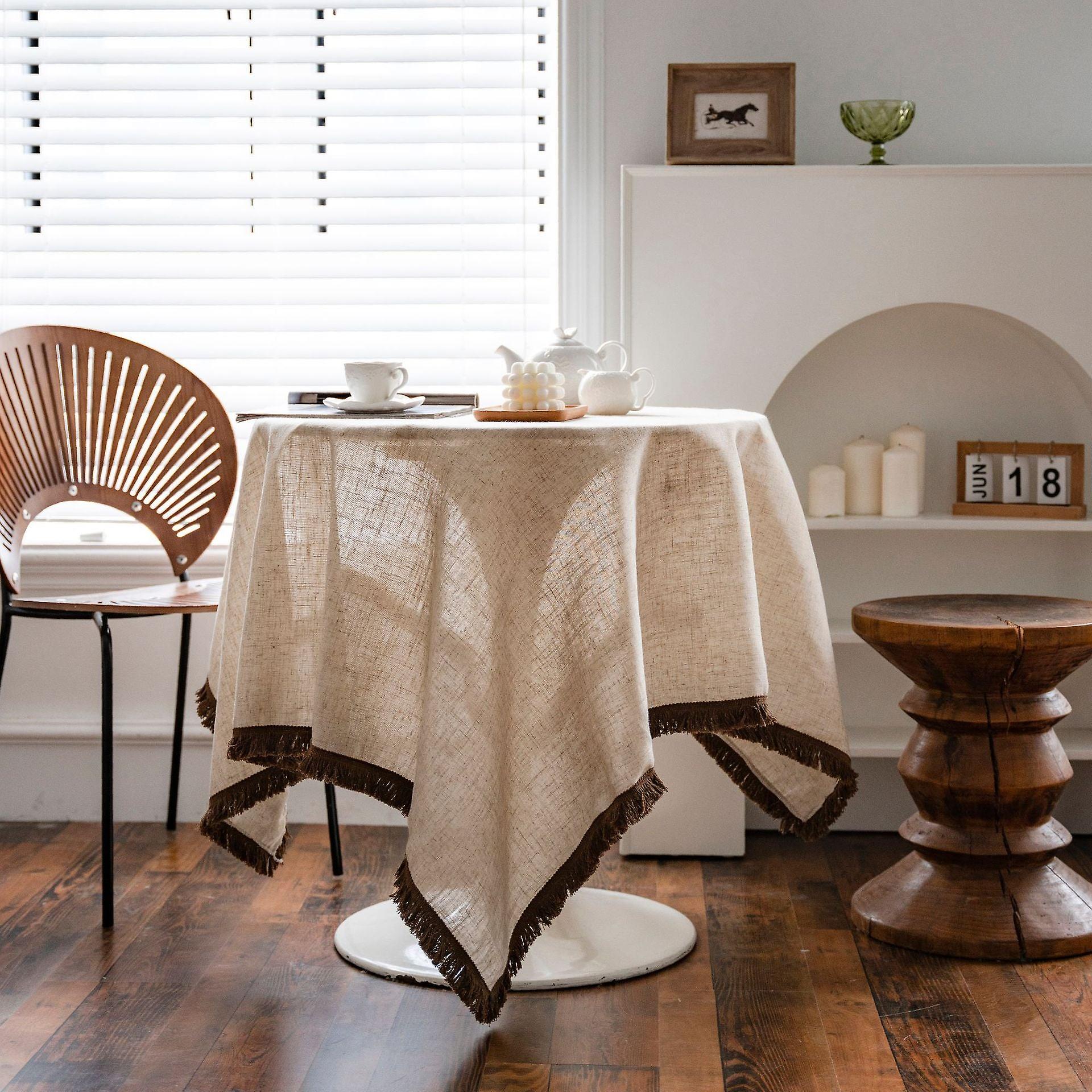 Polyester Linen Solid Color Tablecloth Khaki Tassel American Tablecloth