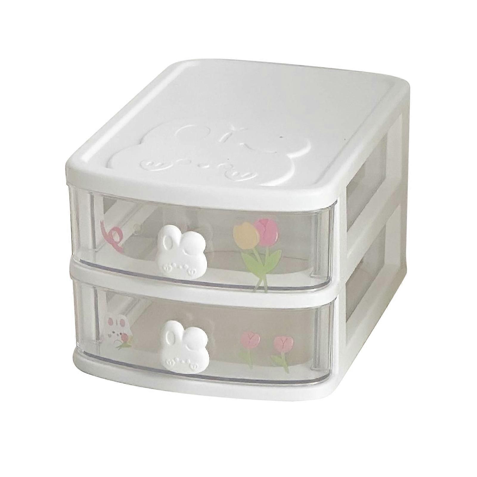 2 Tier Cute Plastic Drawer Organizer with Rabbit Handle Stackable White Plastic Desk Storage Box for Bathroom Dorm Desk Office 