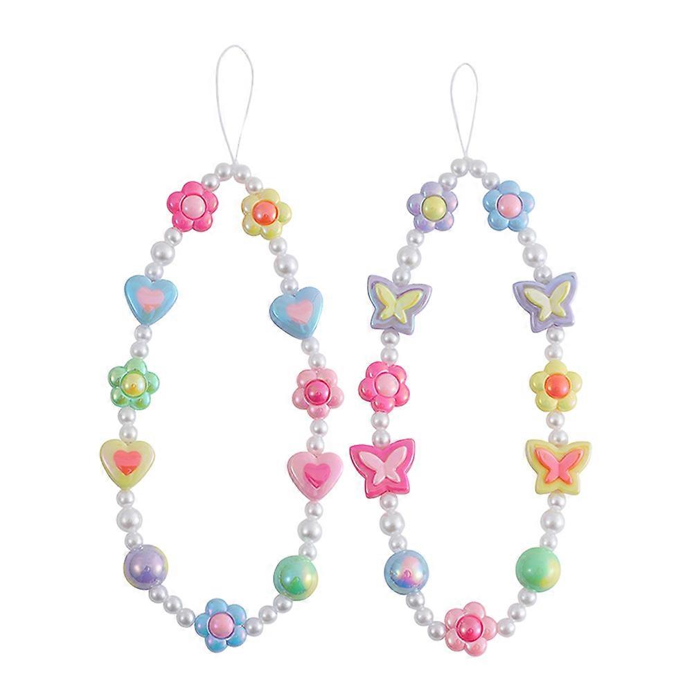 2 pcs Heart Flower Phone Chain Butterfly Flower Phone Charm Decorative Cellphone Lanyard Wrist Strap
