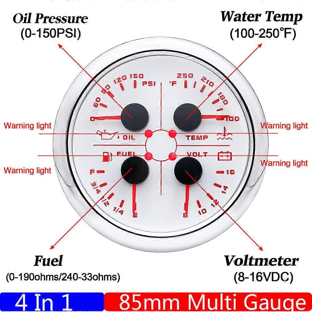 85mm Gauge with Alarm Red Backlight 4 IN 1 Multifunctional Oil Pressure+Water Temp+Fuel Level+Voltmeter for Yacht
