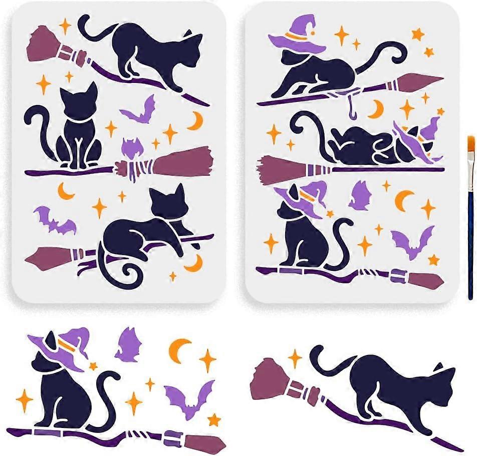 6 Styles Magic Cat Broom Stencils 11.78.3inch Magic Cat Theme Stencil Template with Paint Brush Cat on a Broom Bat Moon Star Drawing Stencil for DIY P