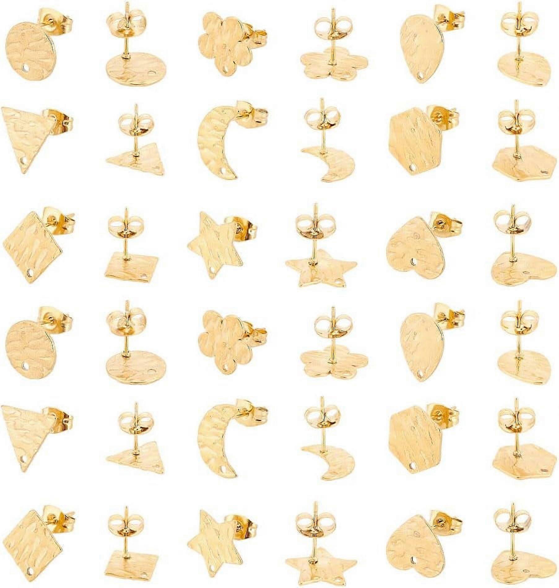 18Pcs 9Styles Geometric Earring Studs Findings Hexagon/Star/Rhombus/Triangle/Flower/Heart Earring Posts with Loop Golden Stainless Steel Earrings for