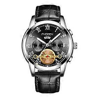 FNGEEN 4001 Reloj No Mecánico para Hombre Reloj de cuarzo multifunción, Color: Cuero negro Acero blanco Negro Superficie