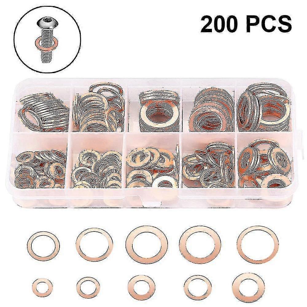 200pcs Flat Copper Washer Assortment Set M5-m14 O Ring Copper Gaskets