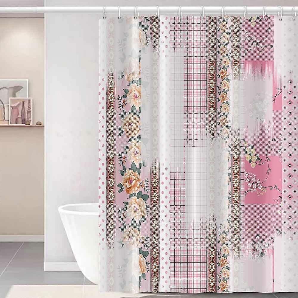 ستارة دش وردية للحمام زهور الفاوانيا ستارة دش مجموعة مع خطافات هندسية الرجعية القطنية النسيج ستائر دش مقاومة للماء 72x84 بوصة