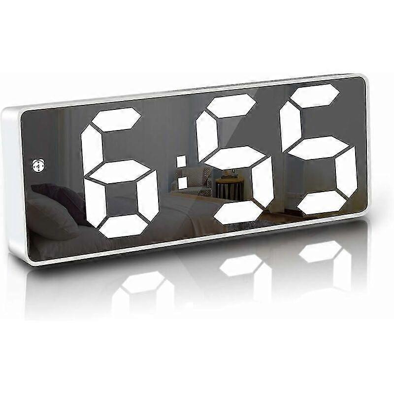 White - Digital Alarm Clock, 6.7" Led Mirror Digital Bedside Clock Morning Alarm Clock, Voice Activated / No Tick / Snooze / Temperature / Date Adjust