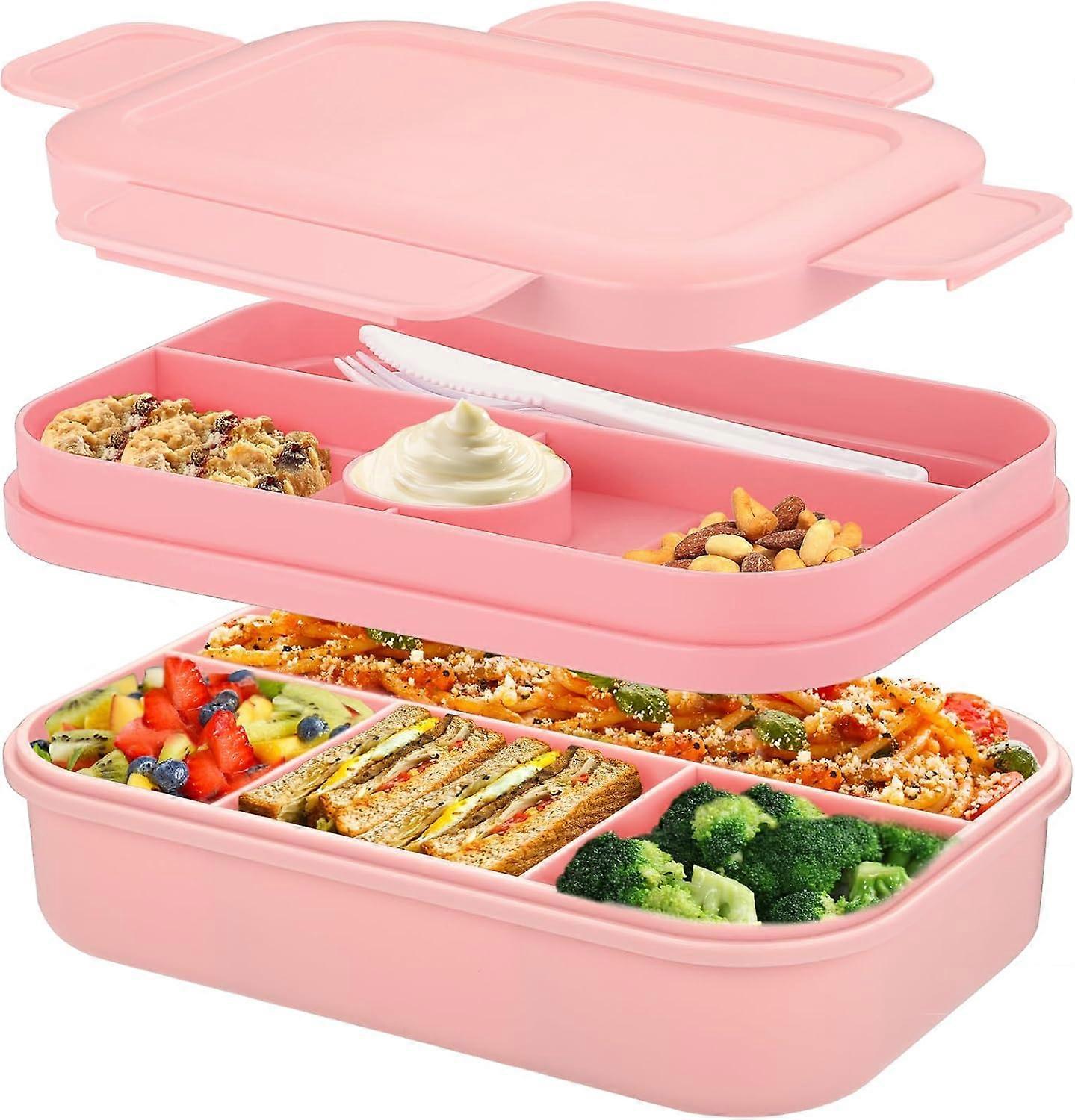 2000ml Large Bento Lunch Box, Stackable Japanese Lunchbox with 8 Compartments, with Cutlery Set, (Pink)