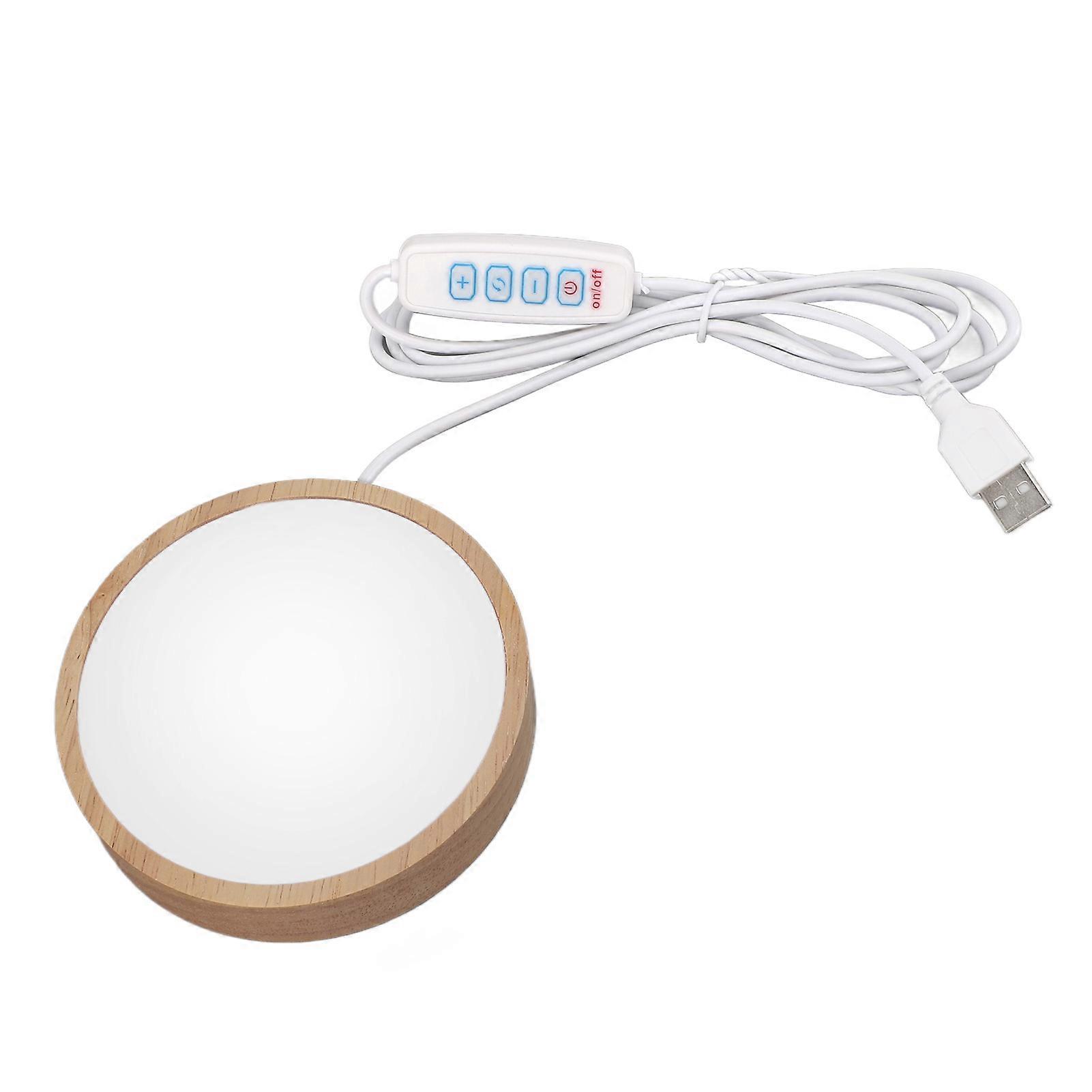 LED Display Plate for Glass Crystal Art - Round Wood Lighted Base Stand USB Powered 3 Color Temperature 10 Level Brightness Button Control