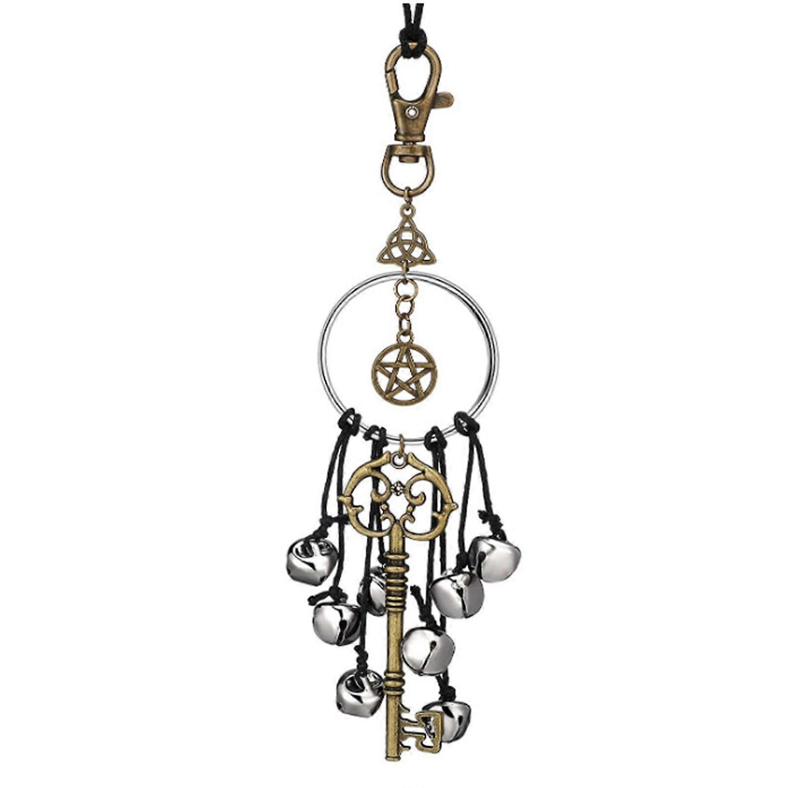 Lucky Halloween Wiccan Key Pendant with Pentagram Witch Bells Gothic Keychain