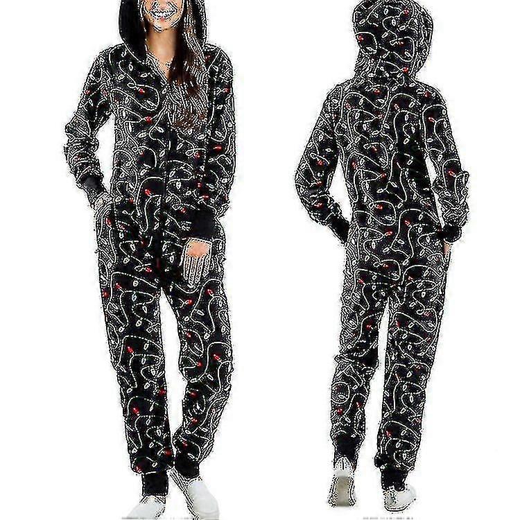 المرأة عيد الميلاد قطعة واحدة بيجاما مع هود سانتا نمط الكبار البدلات المريحة ملابس منزلية احتفالية. A