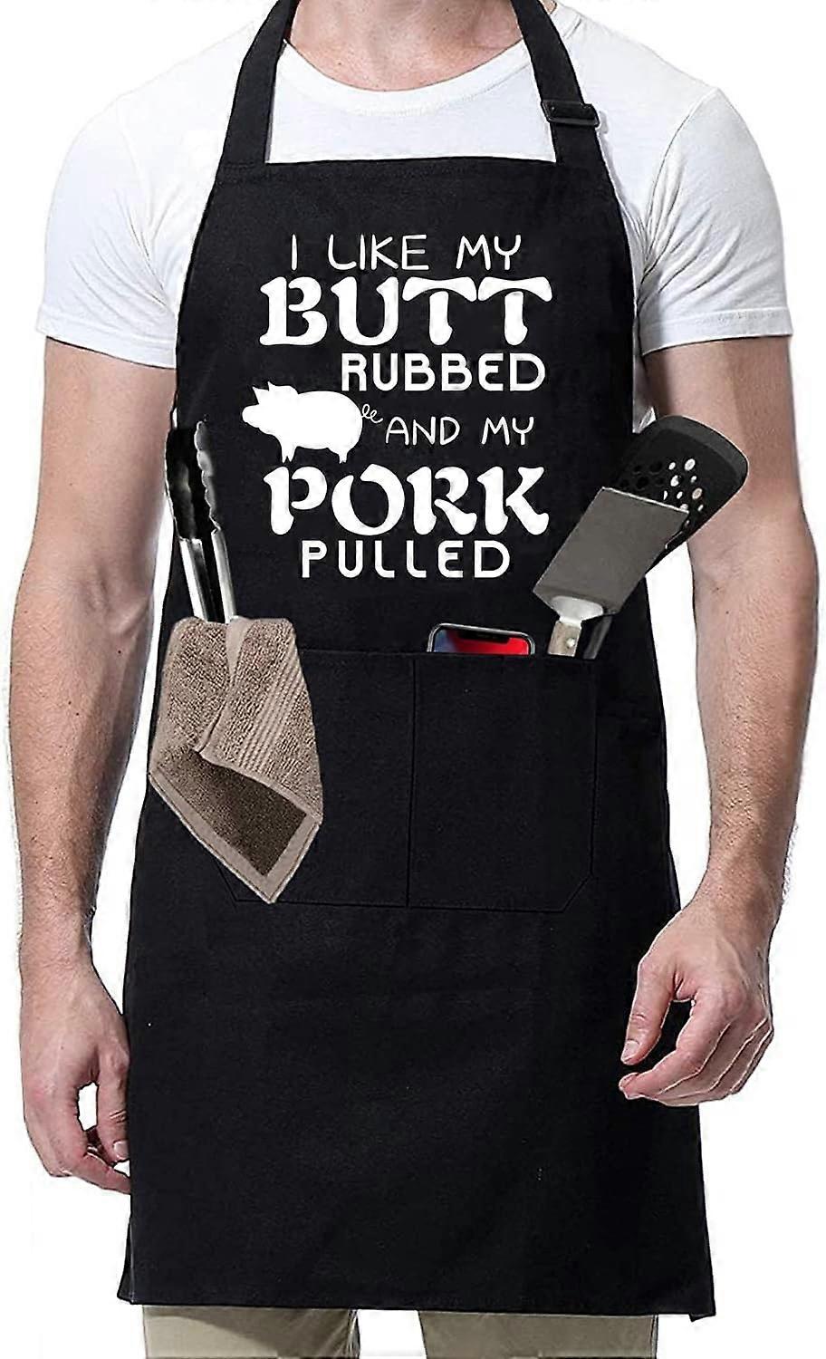 New I Like My Butt Rubbed and My Pork Pulled Funny BBQ Black Chef Aprons for Men, Grill Apron Adjust