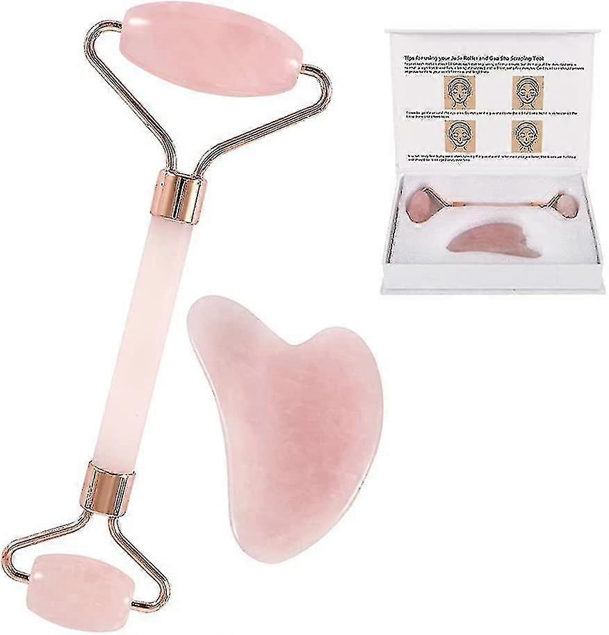 Rose Quartz Roller And Gua Sha Set Jade Face Roller Massage Tool Jade Face Roller Set Rose