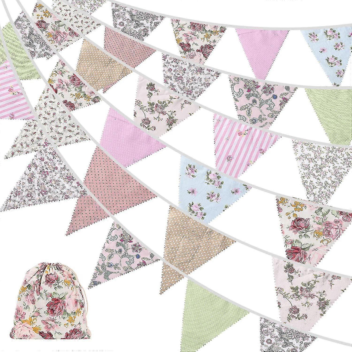 40ft النسيج Bunting، 42pcs في الهواء الطلق بانتينغ بانر، الأزهار خمر القطن مثلث العلم لتزيين الحزب