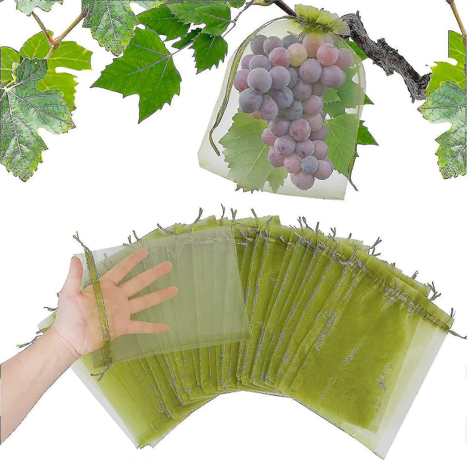 果樹用の100pcsフルーツ保護ネットバッグ、害虫の鳥のリスから植物を保護するためのガーデンメッシュバリアバッグ、フルーツカバーメッシュバッグ付き