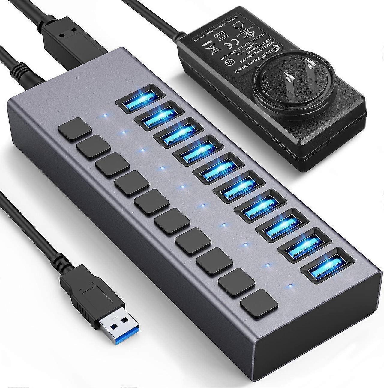 48W Powered USB Hub - 10 Ports USB 3.0 Data Hub - with Individual On/Off Switches and 12V/4A Power Adapter USB Hub 3.0 Splitter for Laptop, PC, Comput